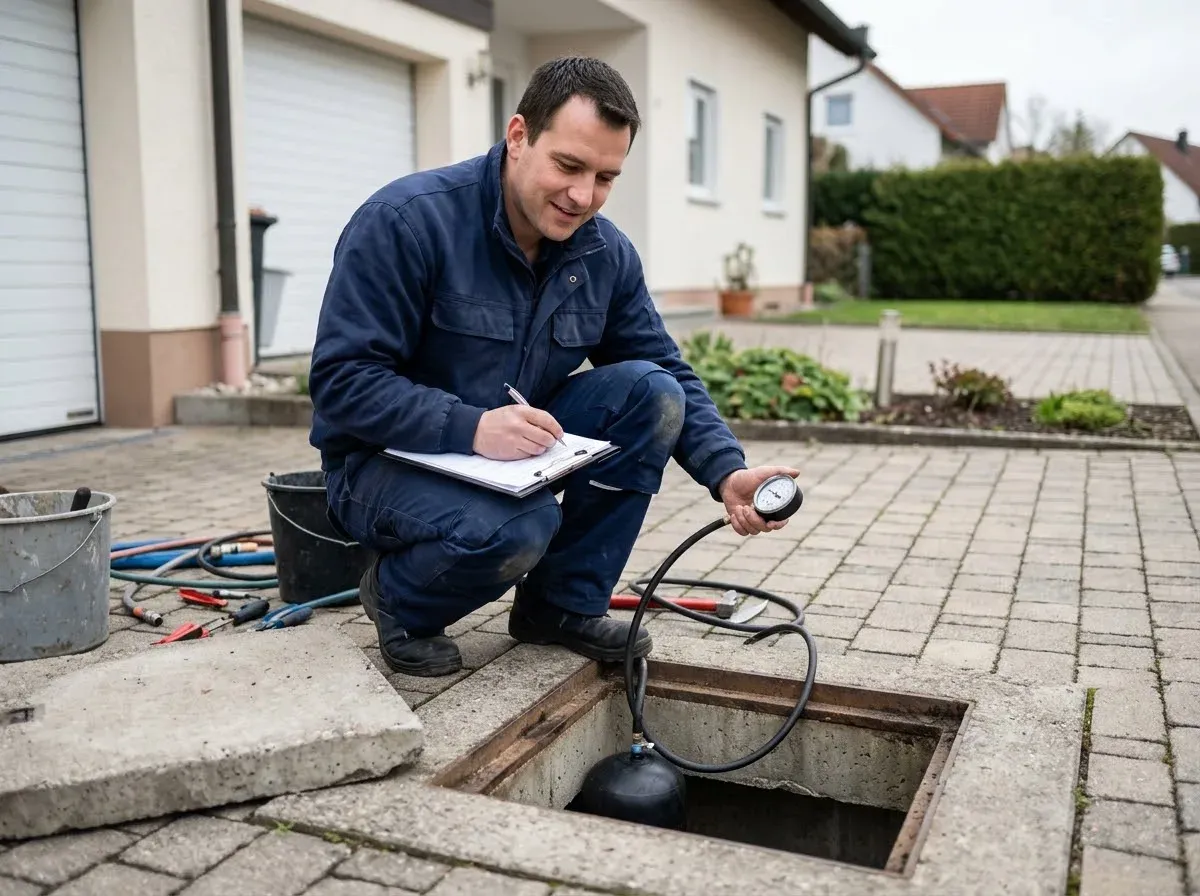 Techniker liest bei der Dichtheitsprüfung am Kontrollschacht das Manometer der Prüfblase ab