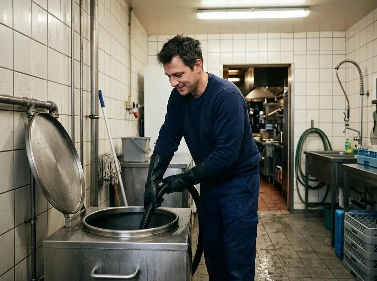 Techniker saugt im Technikraum einer Gastronomieküche den geöffneten Fettabscheider ab