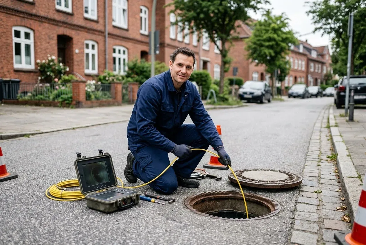 Techniker von Klarfluss24 führt eine Kanal-TV-Kamera in einen Kanalschacht an einer Hamburger Wohnstraße