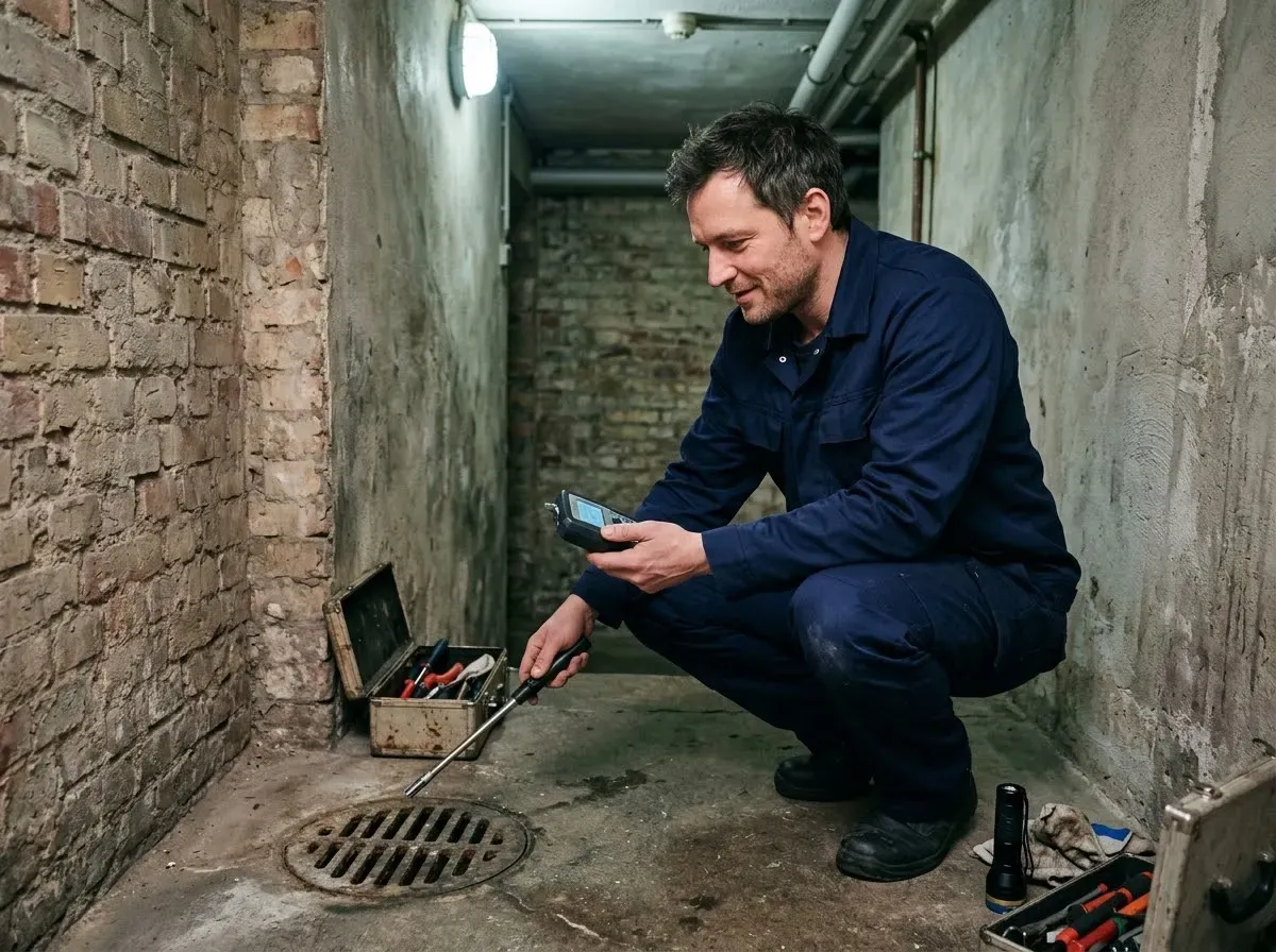 Techniker misst mit einem Gasmessgerät den Kanalgeruch am Bodenablauf im Keller