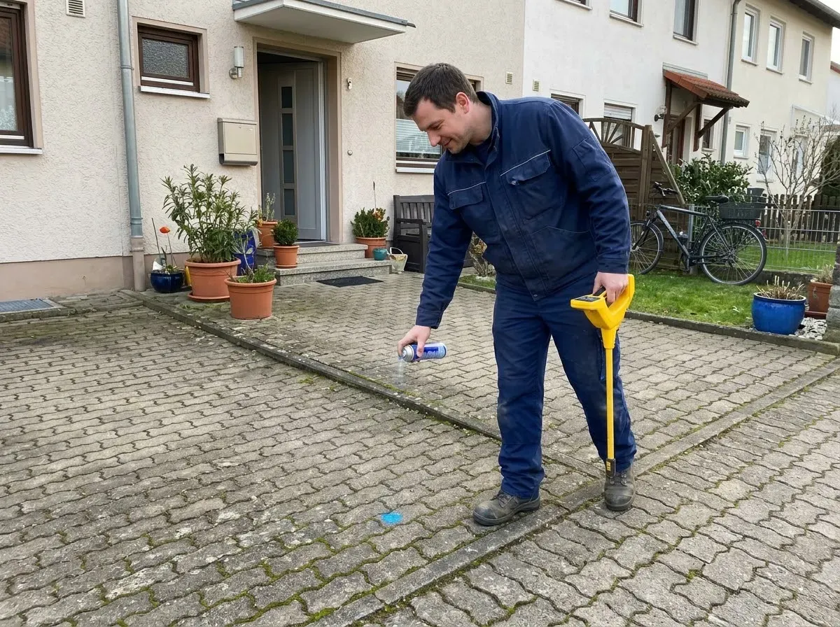 Techniker ortet mit dem Empfänger den Kanalverlauf im gepflasterten Hof und markiert die Stelle