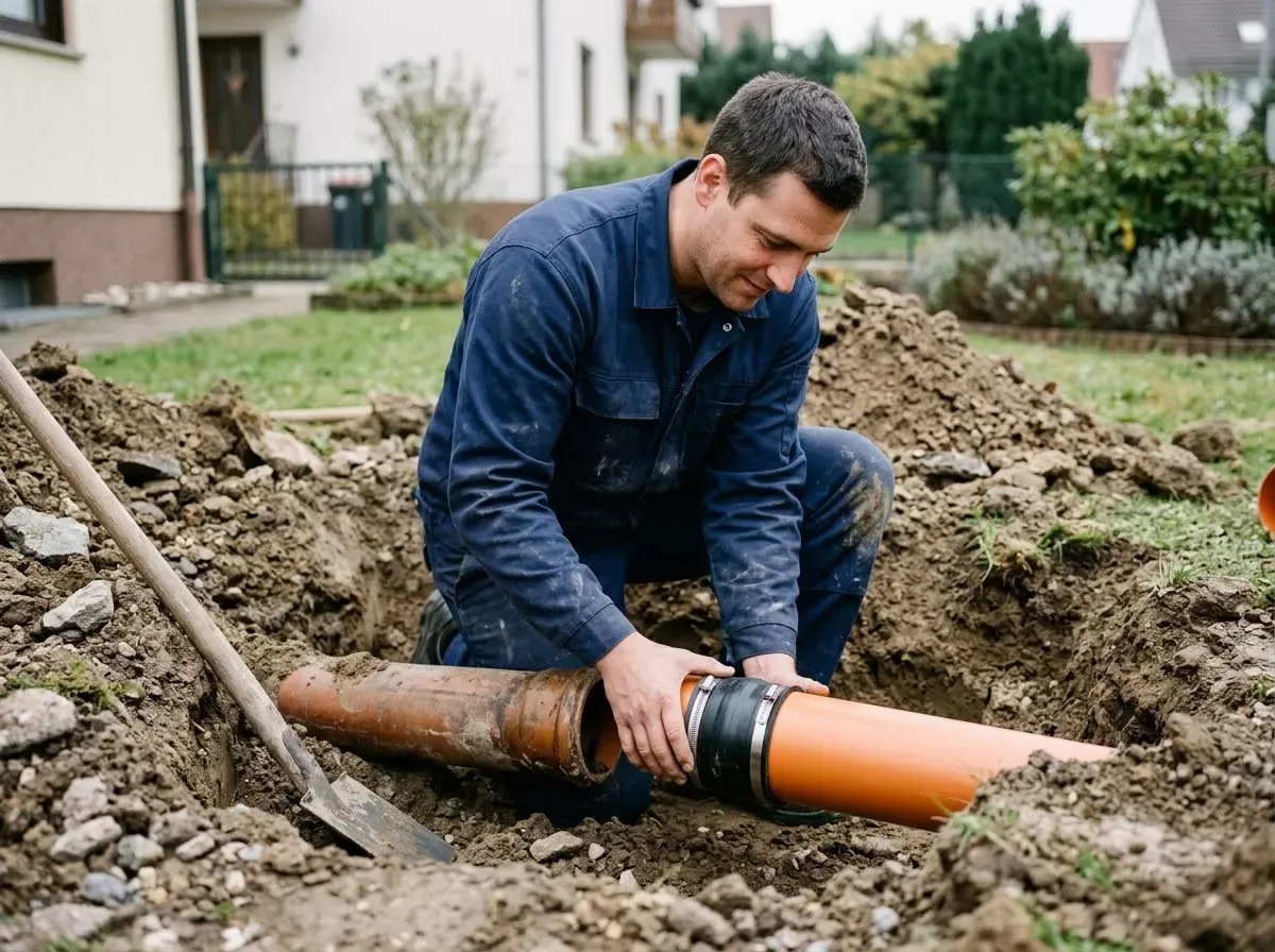 Techniker setzt in der Baugrube im Vorgarten ein neues Rohrstück mit Manschette an das alte Tonrohr