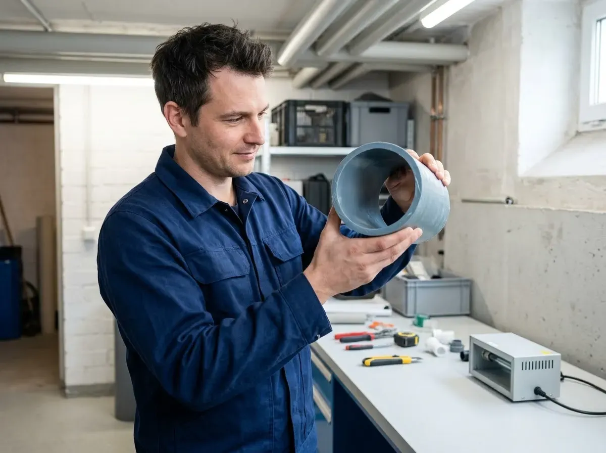 Techniker prüft im Keller die Innenwand eines ausgehärteten Inliner-Musters aus der Kanalsanierung