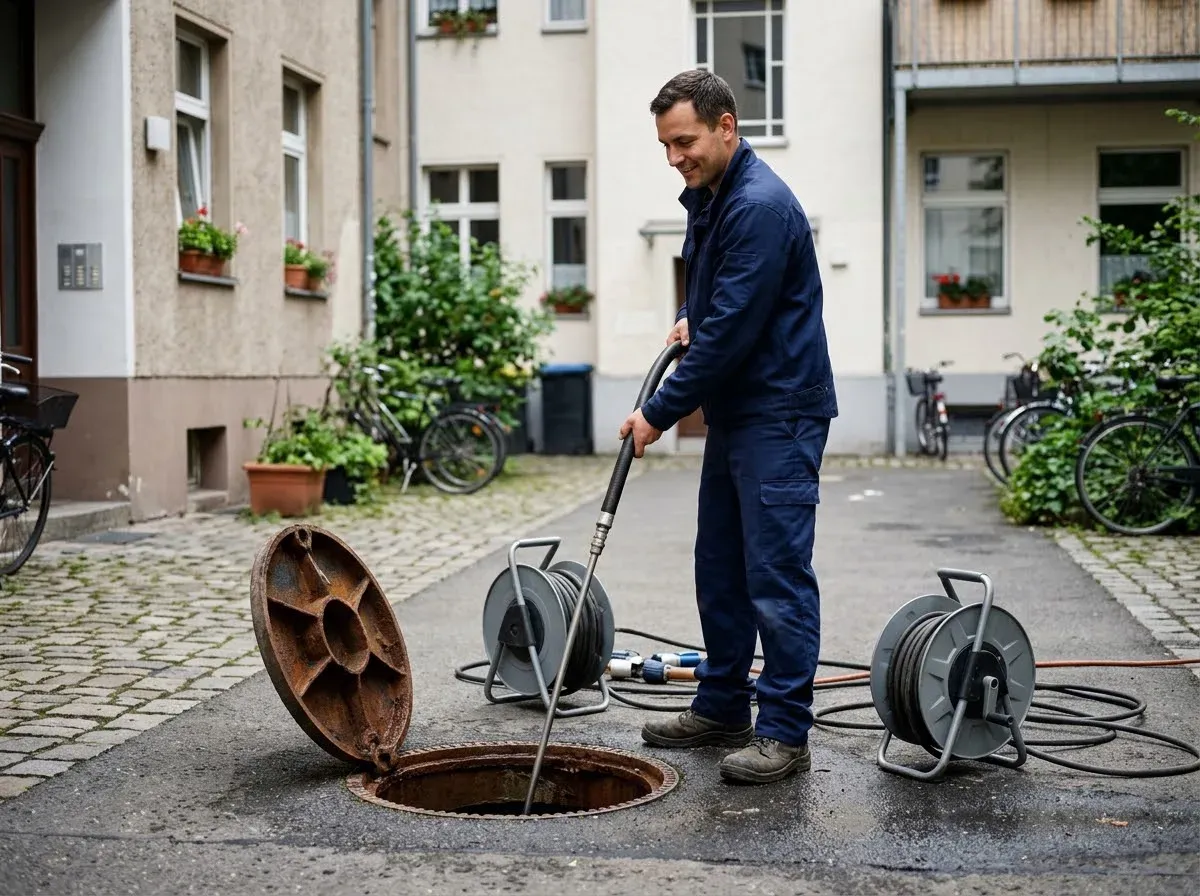 Techniker spült einen Kanalschacht im Innenhof mit dem Hochdruckschlauch