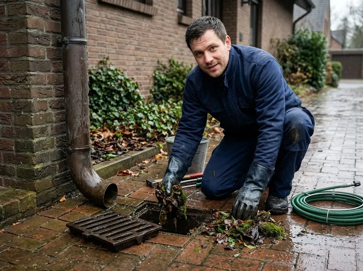 Techniker entfernt Laub aus dem Regenwasser-Gully unter dem Fallrohr eines Klinkerhauses