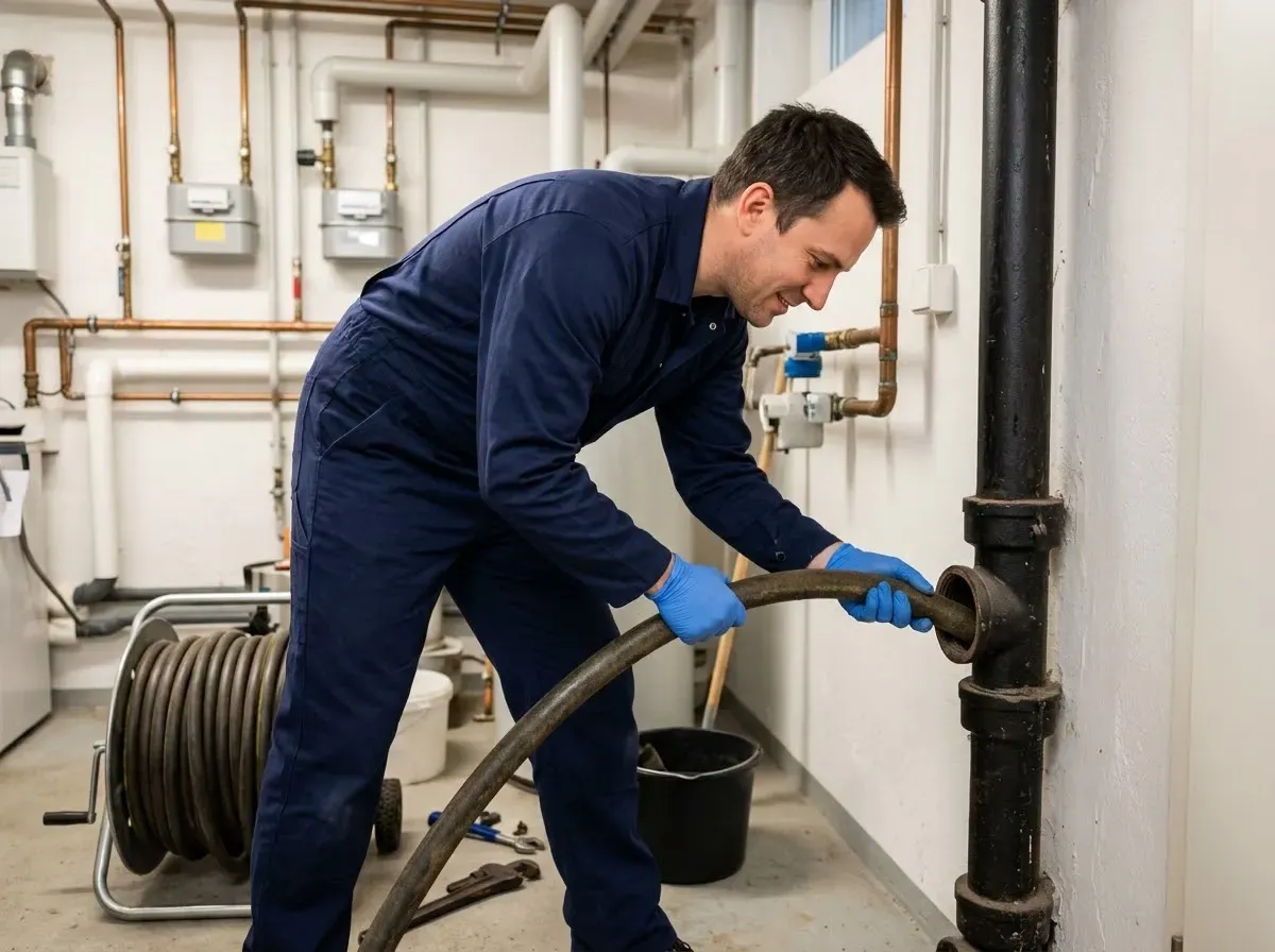 Techniker führt im Hauswirtschaftsraum einen Schlauchliner in die Revisionsöffnung der Gussleitung ein