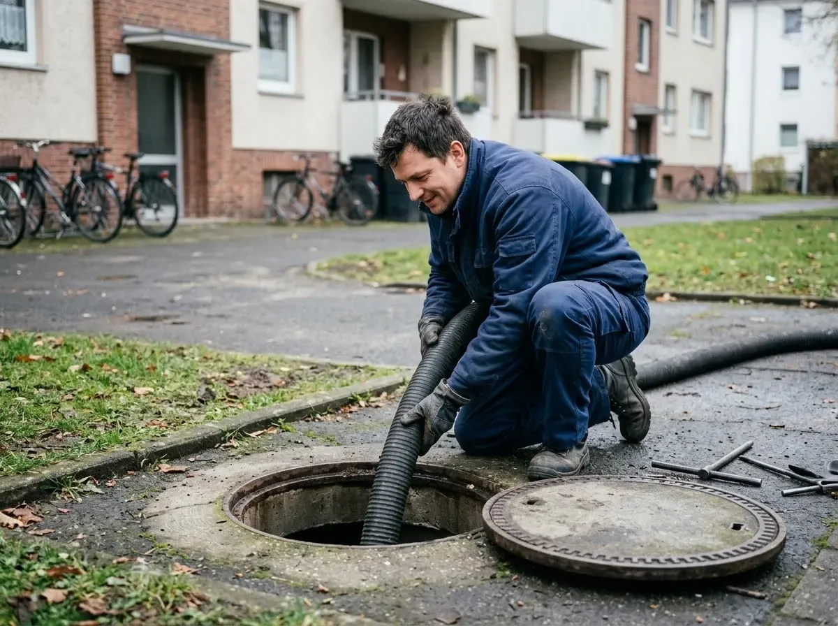 Techniker führt den Saugschlauch in den geöffneten Revisionsschacht im Hof eines Wohnhauses